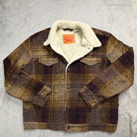 Levi's Other - Levis Mens Sherpa Lined Plaid Trucker Jacket Brown Purple 16365-0168 Size L